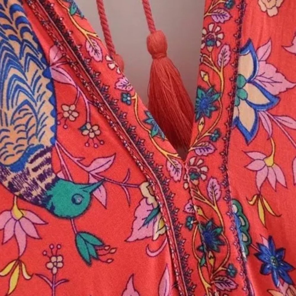 Red Boho Floral Bird Gypsy Print Maxi Long - Picture 8 of 9